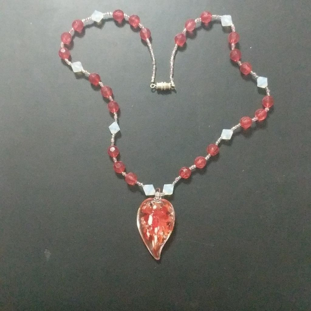 Art Glass Pendant Red and Opal Swarovski Crystal Beaded Statement Necklace